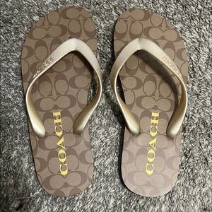 Coach Tan and Gold Flip Flops
